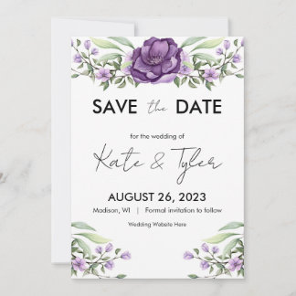 Romantic Purple Floral and Greenery Save The Date Invitation