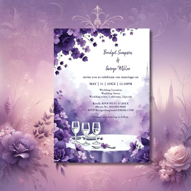 Romantic Purple Floral Eiffel Tower Wedding Invitation (Creator Uploaded)