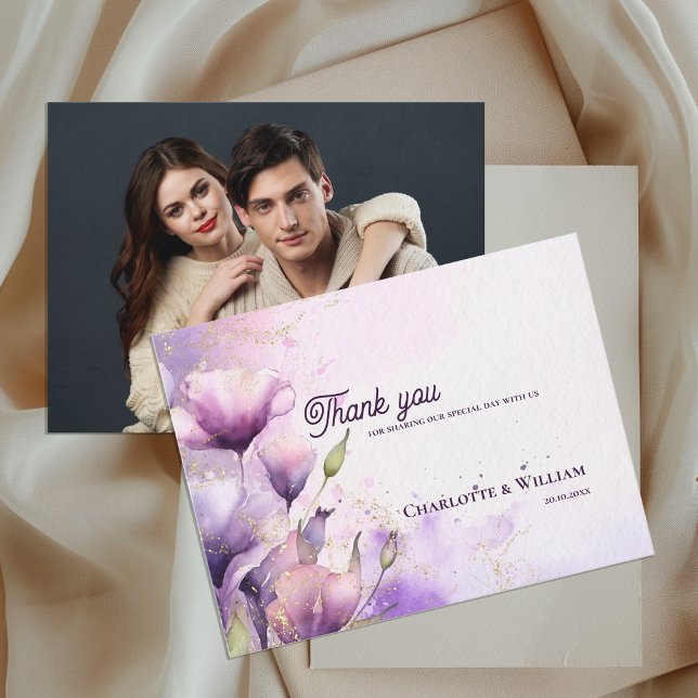 Romantic Purple Floral Photo Wedding Thank You Postcard (Romantic Purple Floral Photo Wedding Thank You Postcard)