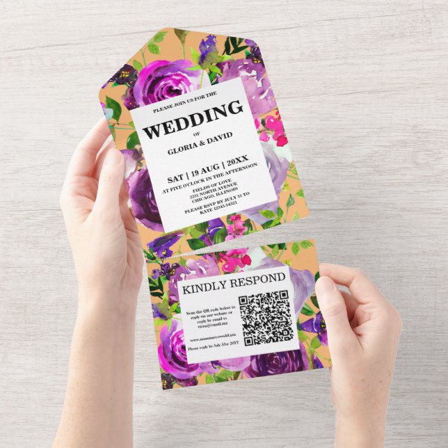Romantic Purple Floral QR Code  All In One Invitation (Tearaway)