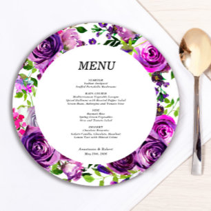 Romantic Purple Floral Round Menu Card
