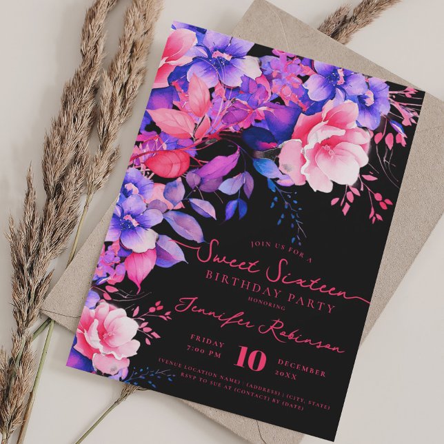 Romantic Purple Floral Sweet 16 Birthday Black Invitation (Romantic Purple Floral Sweet 16 Birthday Black Invitation)
