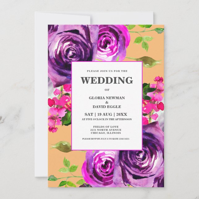 Romantic Purple Floral Wedding Invitation (Front)