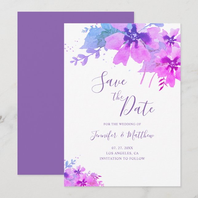 Romantic Purple Floral Wedding Save the Date Card (Front/Back)