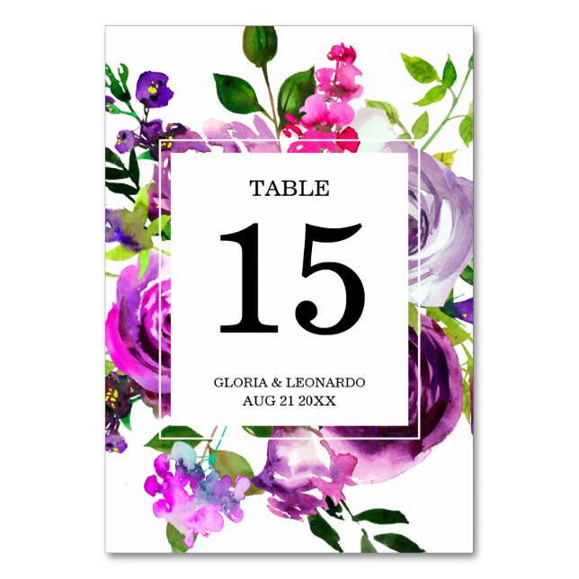 Romantic Purple Floral Wedding  Table Number (Front)