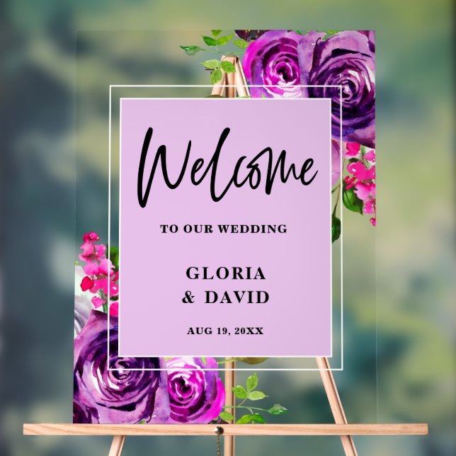 Romantic Purple Floral Wedding Welcome Foam Board Acrylic Sign (Neutral)