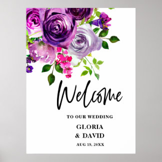 Romantic Purple Floral Wedding Welcome Poster