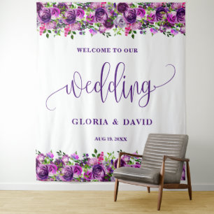 Romantic Purple Floral Wedding Welcome Sign Tapestry