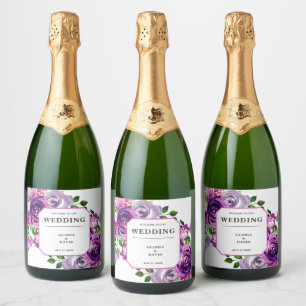 Romantic Purple Floral Wedding Wine Label