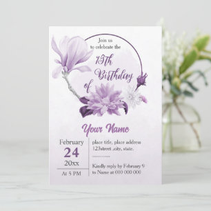 Romantic purple flowers botanical birthday invitation