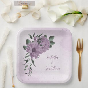 romantic purple flowers botanical paper plate