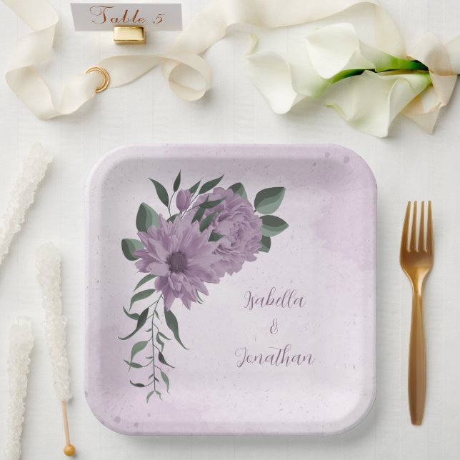 romantic purple flowers botanical  paper plate (Wedding)