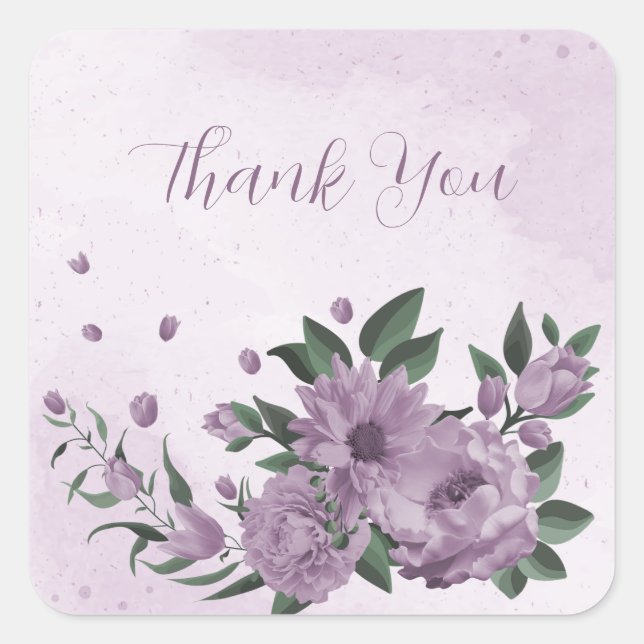 romantic purple flowers botanical thank you square sticker (Front)