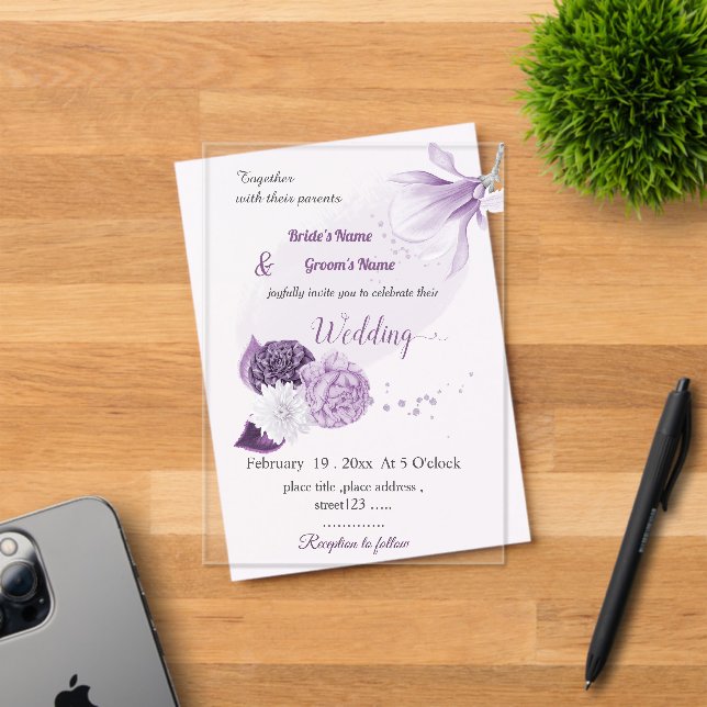 romantic purple flowers botanical wedding acrylic invitations (Insitu (Invitation Card))