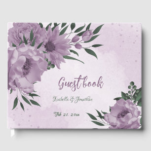 romantic purple flowers botanical wedding guest book