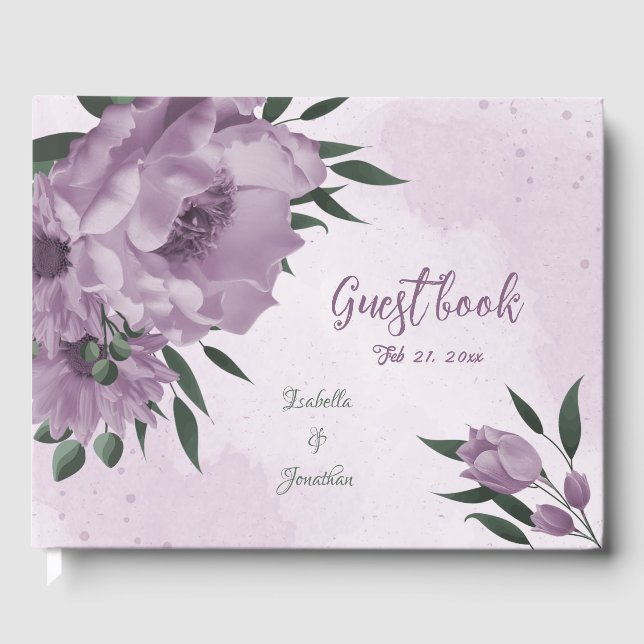 romantic purple flowers botanical wedding guest book (Front)