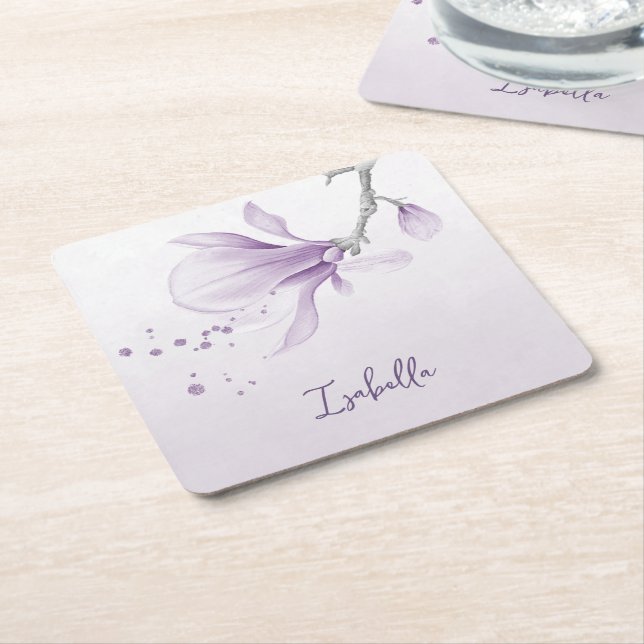 romantic purple flowers botanical wedding square paper coaster (Angled)