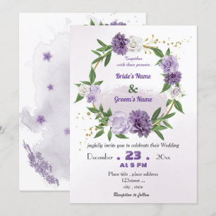 romantic purple flowers botanical wreath wedding invitation