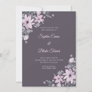 Romantic Purple Flowers Floral Smoke Grey Wedding Invitation