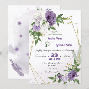 romantic purple flowers geometric wedding invitation