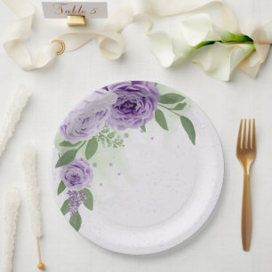 romantic purple flowers green leaves botanical paper plate