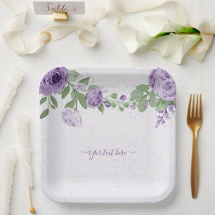 romantic purple flowers green leaves botanical paper plate