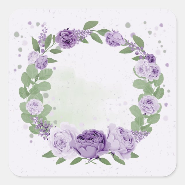 romantic purple flowers green leaves botanical squ square sticker (Front)