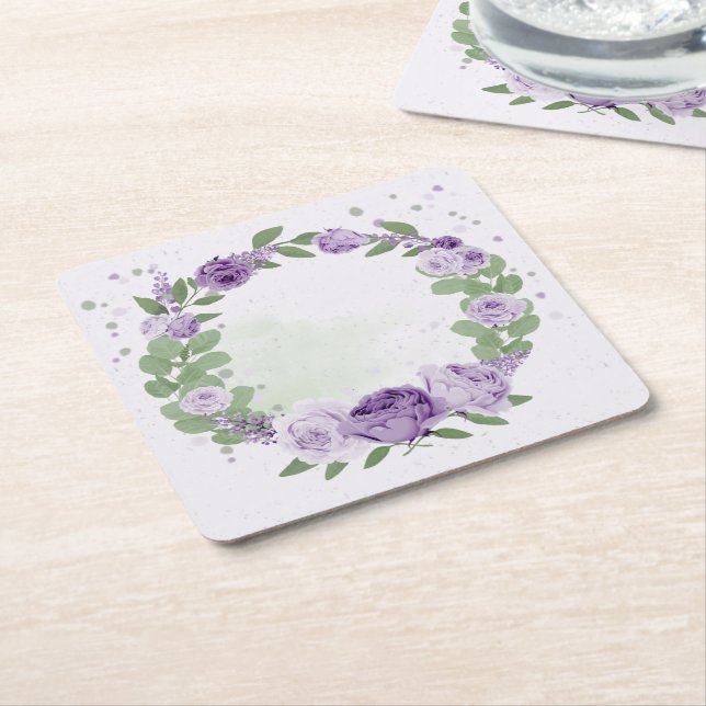 romantic purple flowers green leaves botanical square paper coaster (Angled)