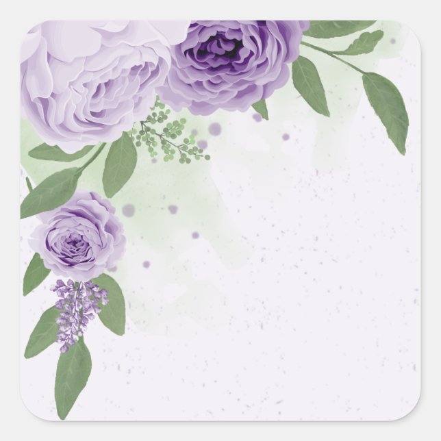 romantic purple flowers green leaves botanical square sticker (Front)