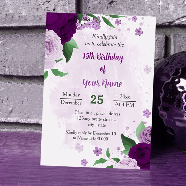 Romantic purple flowers greenery birthday invitation (Creator Uploaded)