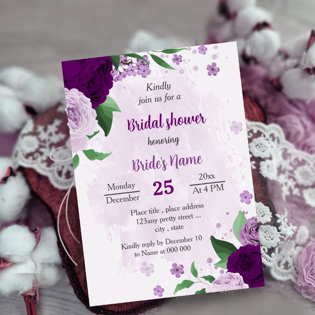 Romantic purple flowers greenery bridal shower invitation (Creator Uploaded)