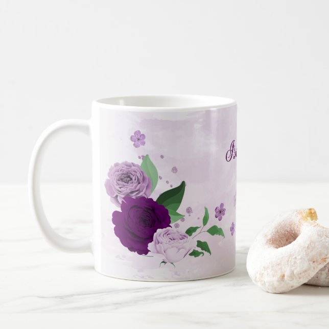 Romantic purple flowers greenery  coffee mug (With Donut)