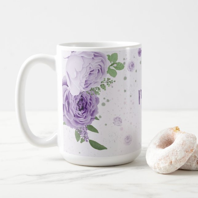 romantic purple flowers greenery coffee mug (With Donut)