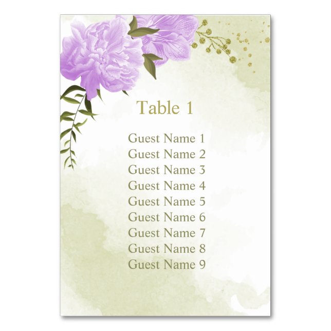 Romantic purple flowers greenery seating chart table number (Front)