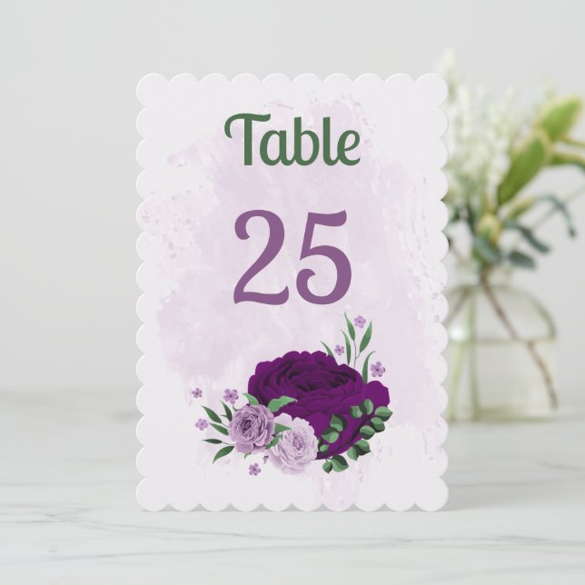 Romantic purple flowers greenery table number card (Standing Front)