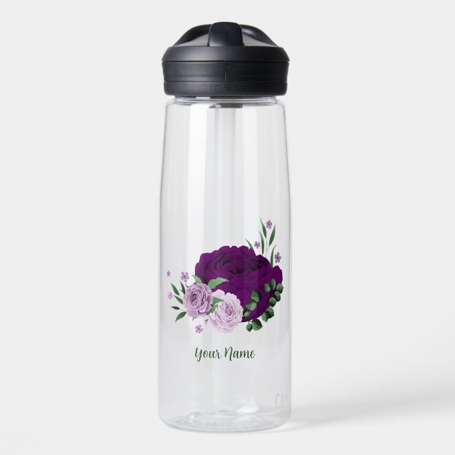 Romantic purple flowers greenery water bottle (Front)