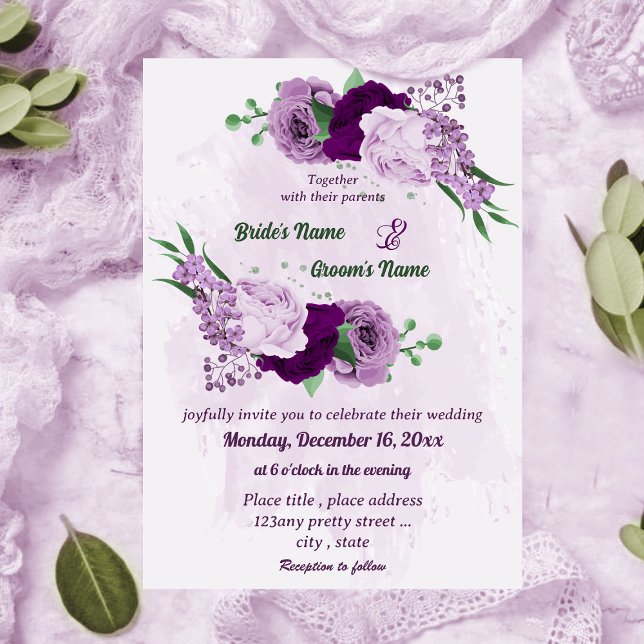 Romantic purple flowers greenery wedding invitation (Creator Uploaded)
