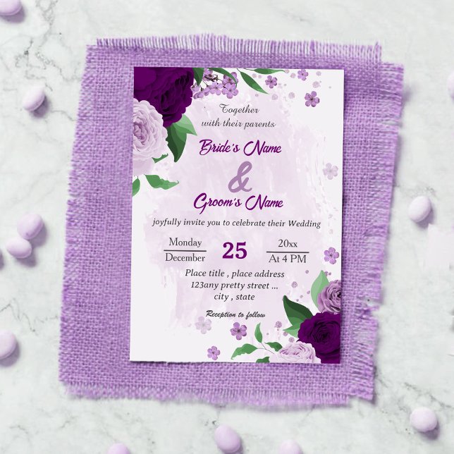 Romantic purple flowers greenery wedding invitation (Creator Uploaded)