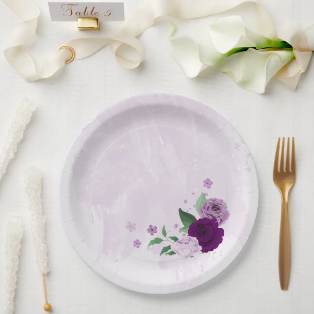 Romantic purple flowers greenery wedding paper plate (Wedding)
