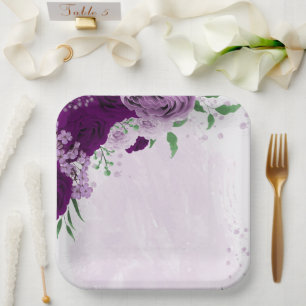 Romantic purple flowers greenery wedding paper plate