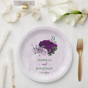 Romantic purple flowers greenery wedding paper plate