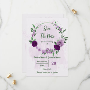 Romantic purple flowers greenery wedding save the date