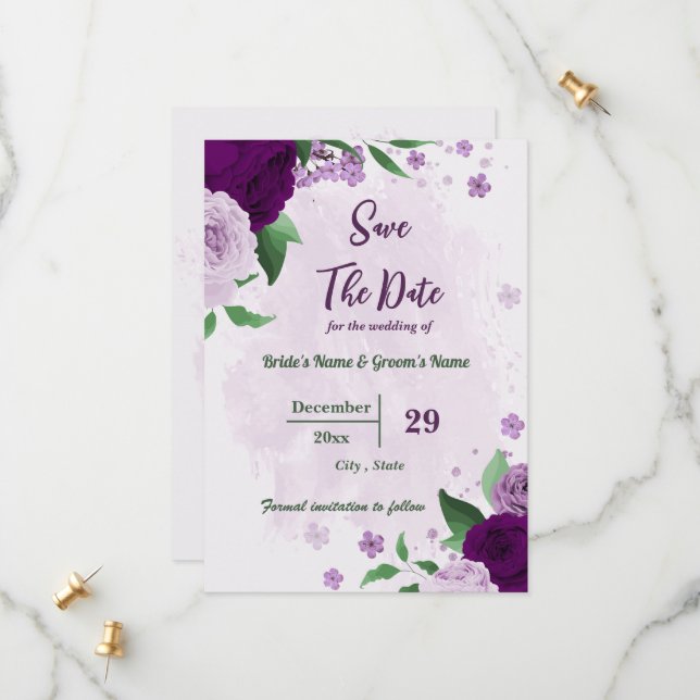 Romantic purple flowers greenery wedding save the date (Front/Back In Situ)