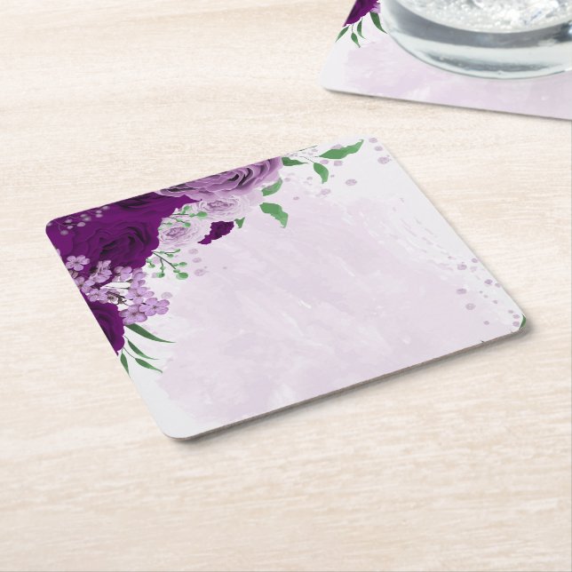 Romantic purple flowers greenery wedding square paper coaster (Angled)