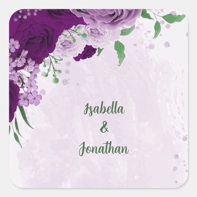 Romantic purple flowers greenery wedding square sticker (Front)