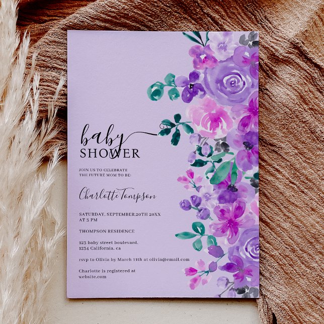Romantic purple flowers lavender baby shower invitation (Romantic purple flowers lavender baby shower invitation on purple)