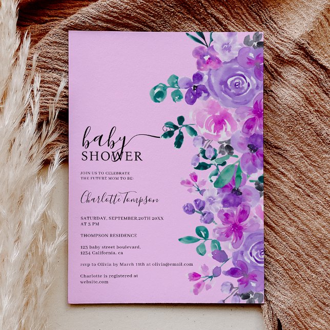 Romantic purple flowers lavender baby shower invitation (Romantic purple flowers lavender baby shower invitation on light pink)