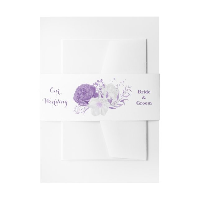 Romantic purple flowers wedding invitation belly band (Front Example)