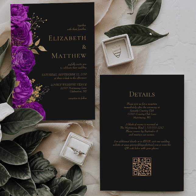 Romantic Purple Gold Dark Floral QR Code Wedding Invitation (Creator Uploaded)