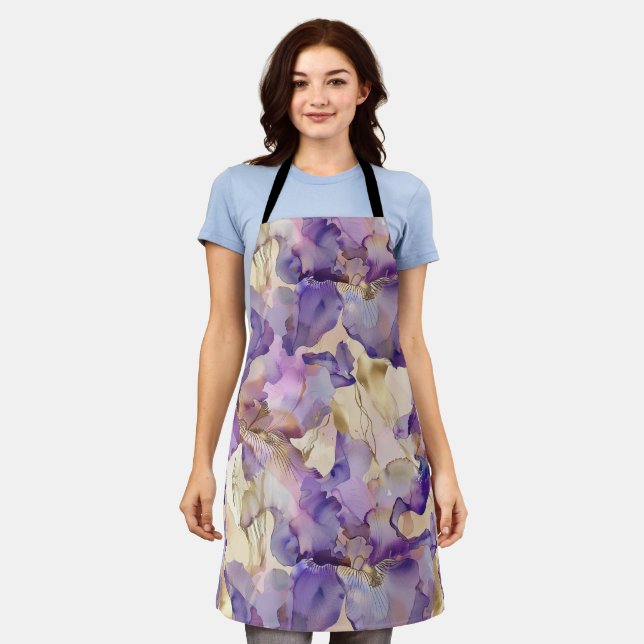 Romantic Purple Gold Iris Floral Bridal Shower Apron (Worn)